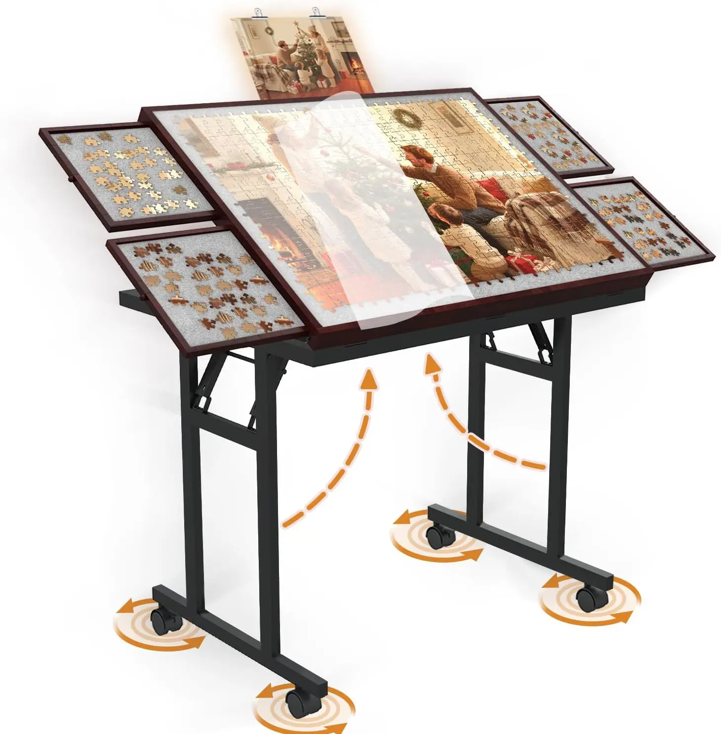 

Adjustable Wooden Puzzle Table with Folding Legs, Drawers, Cover, Wheels for Adults and All Ages