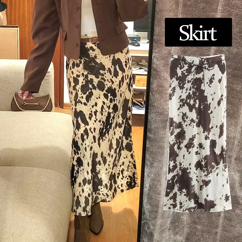 HH 2025 Female Leopard Print Midi Skirts Retro Summer Satin Drawstring Zipper Midi Skirt Women's Fashion Bottoms Streetwear