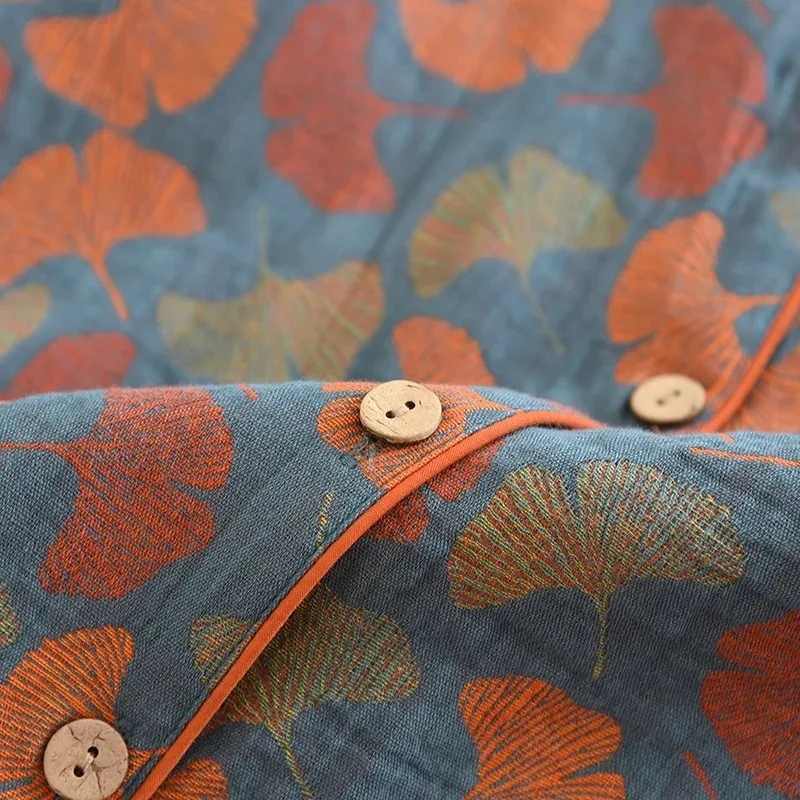 2026 Neue Frühlings- und Sommer-Damen-Pyjama-Sets, Langarm-Hosenanzug, Zweiteilig, 100% Baumwolle, Krepp, Blumen- und Blättermuster, Hauskleidung – Detail 12