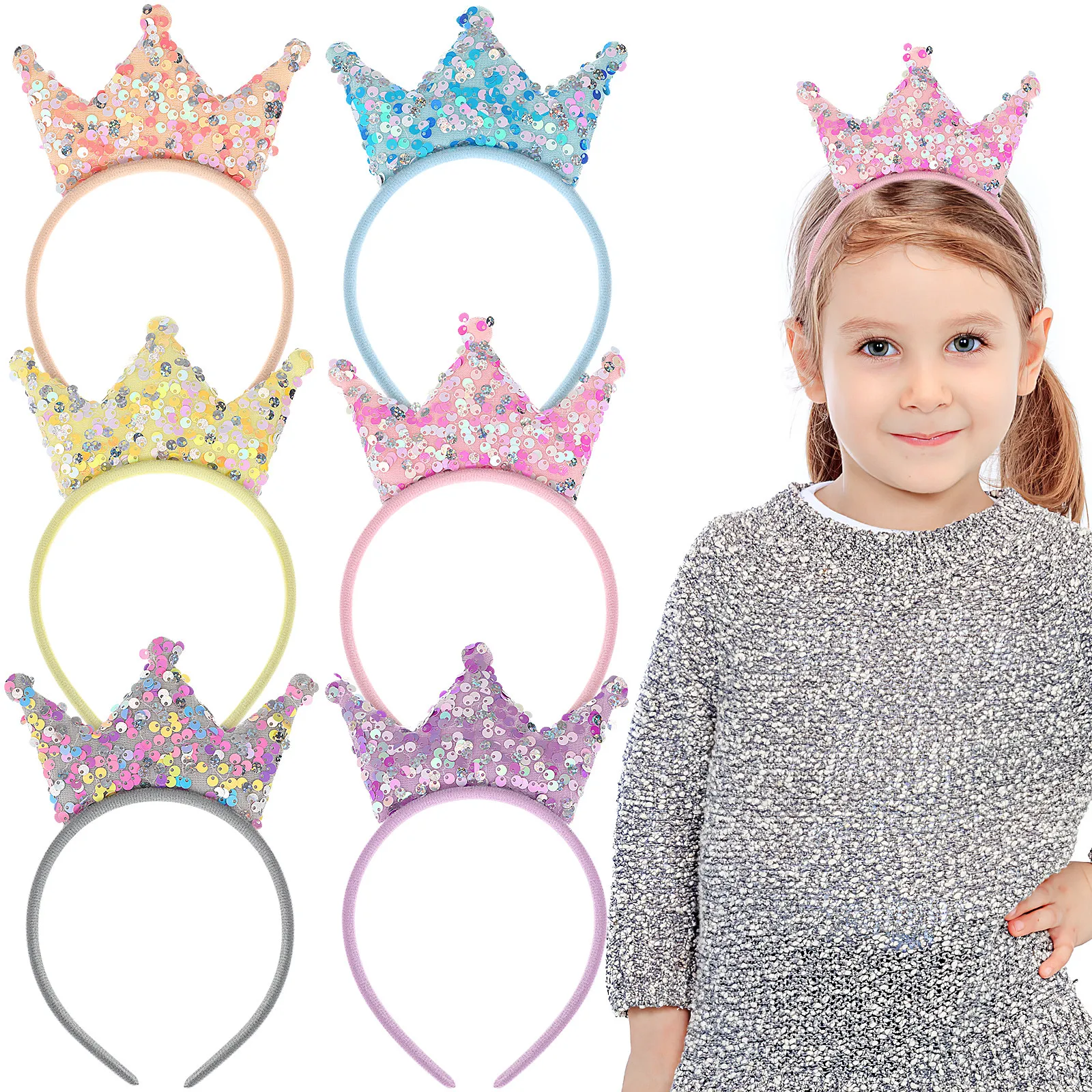 12Pcs Girls Sequin Crown Hairband Shiny Glitter Crown Headband Party Birthday Hair Accessories Decorative Kids Headbands