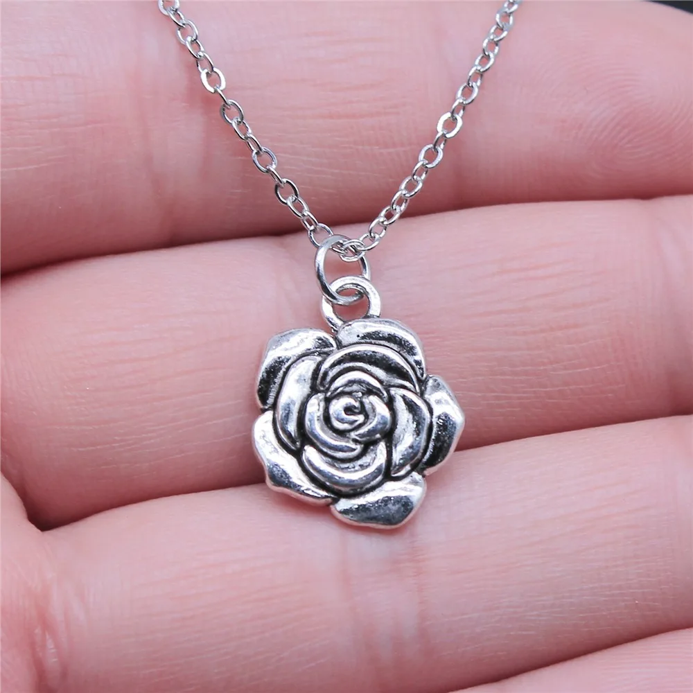 Simple Classic Fashion 15x18mm Antique Silver Color Rose Pendant Girl Women Short Chain Necklaces Choker Necklace