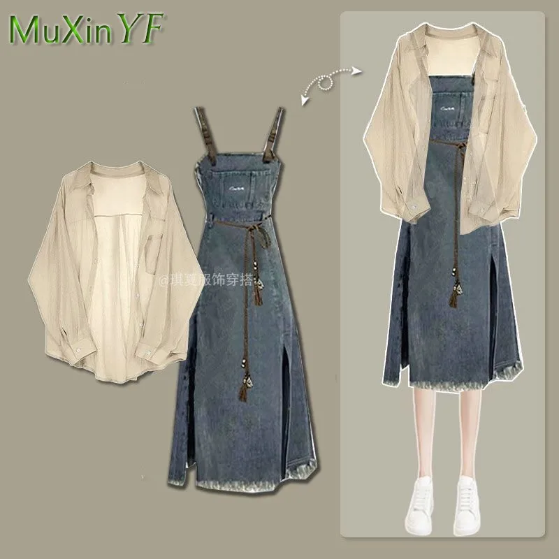 Women's Summer New In Dress Matching Set 2025 Korean Elegant Sunscreen Chiffon Shirt+Cowboy Strap Skirt Two Piece Female Suit - Image 2