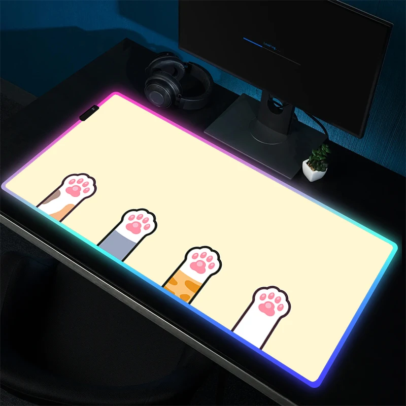 Большой игровой коврик для мыши Kawaii Cat Paw коврик для мыши RGB резиновый коврик для мыши геймерский нескользящий Настольный коврик с рисунком светодиодный HD Коврик для игрового стола