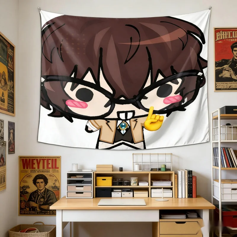 VIKAMA Cute Chibi Boy with Glasses Tapestry Kawaii Anime Heart Gesture Wall Hanging for Girls Room, Bedroom & Dorm Decor
