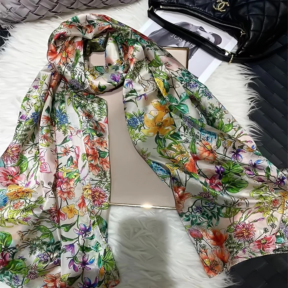 White Green 100% Silk Silk Scarf Shawl New Elegant Floral Summer Beach Shawl Cover-ups Fall Winter Scarves Headscarves 180*110cm