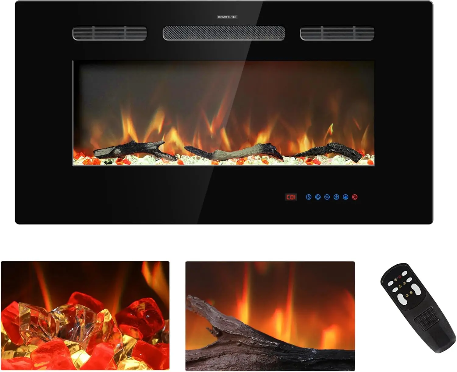 

Электрический каминный блок 33 дюйма с термостатом, пультом ДУ, многоцветным пламенем, таймером, опциями под дерево и кристаллами, 750 Вт/1500 Вт