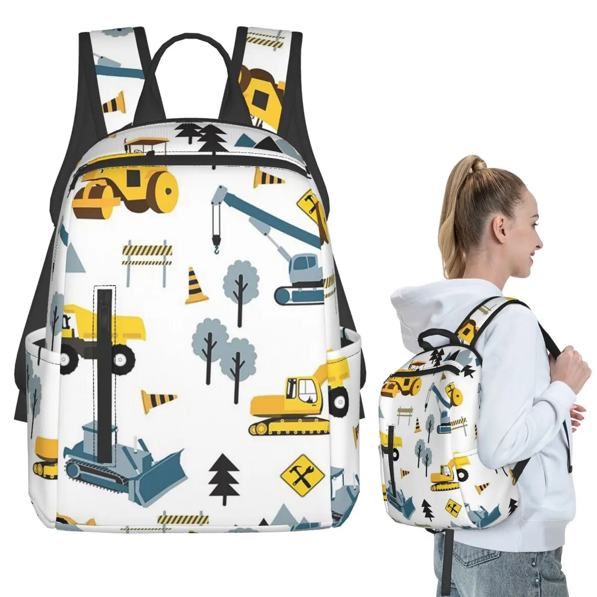 Blue Construction Trucks & Site Theme Pattern Backpack Student BookBag Children School Bag Computer Shoulder Bags Men Women