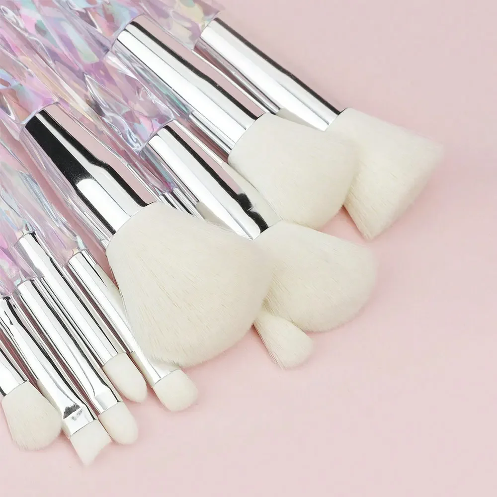 Conjunto de pincéis de maquiagem, 10 peças de cristal transparente alça kabuki pó fundação pincel corretivo sombra de olho delineador pincel de sobrancelha