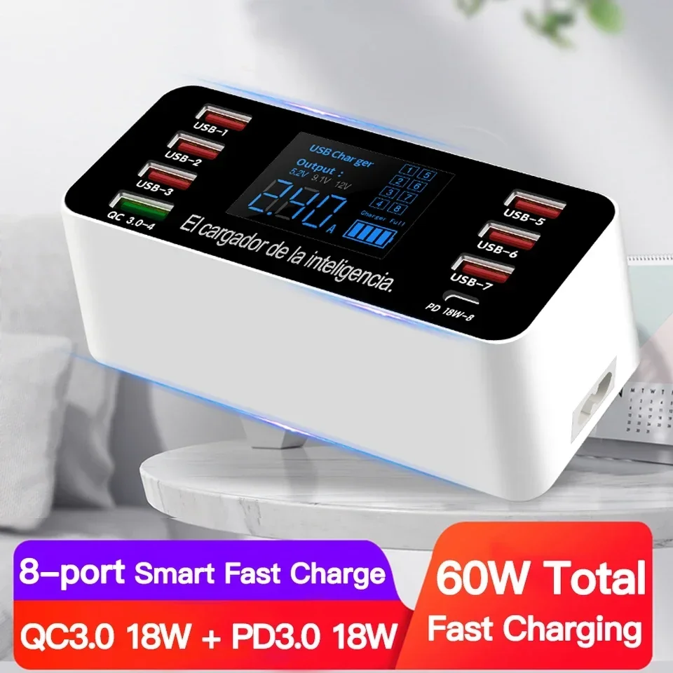 60W USB Charger PD Tpye c QC3.0 Fast Charge Desktop Adapter 8 Port Smart LED USB Charge Station for iPhone