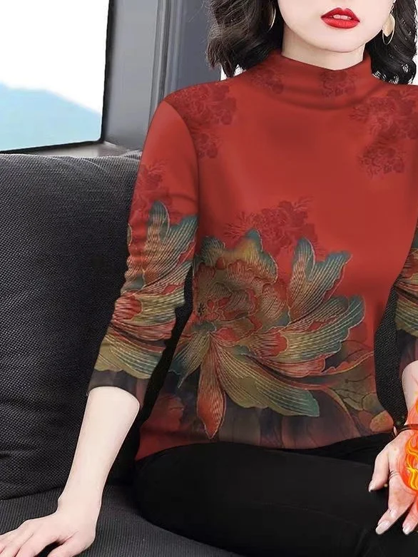 

Thickened Fleece Long Sleeve Printed Base Shirt Half High Collar Slimming Concealing Top for Middle-Aged And Elderly Women