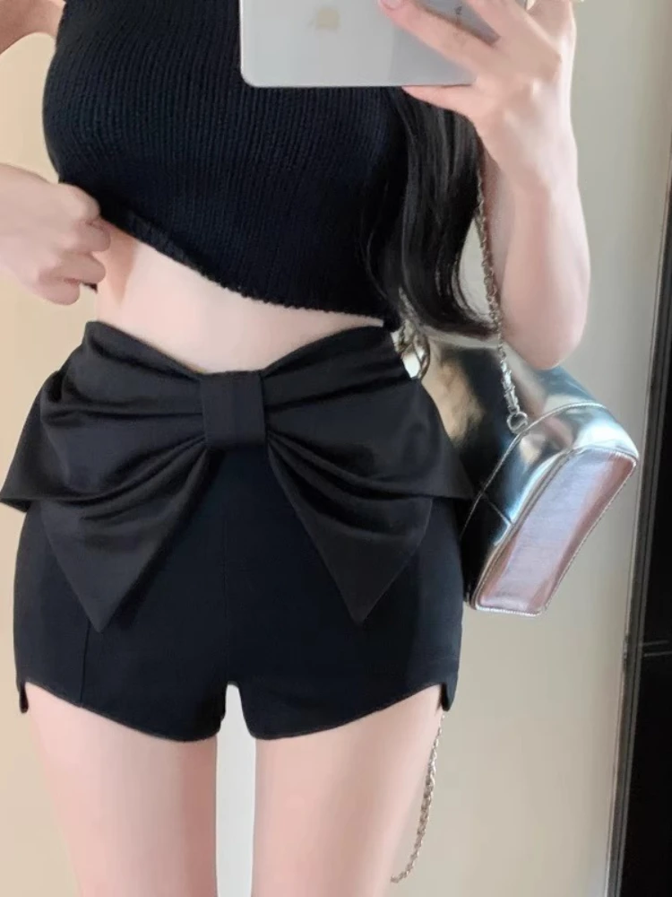 

French Style Black Shorts 2025 Summer Sexy Spice Girl Big Bow High Waist Stretch Hip Wrappa Shorts Irregular Hot Pants Women