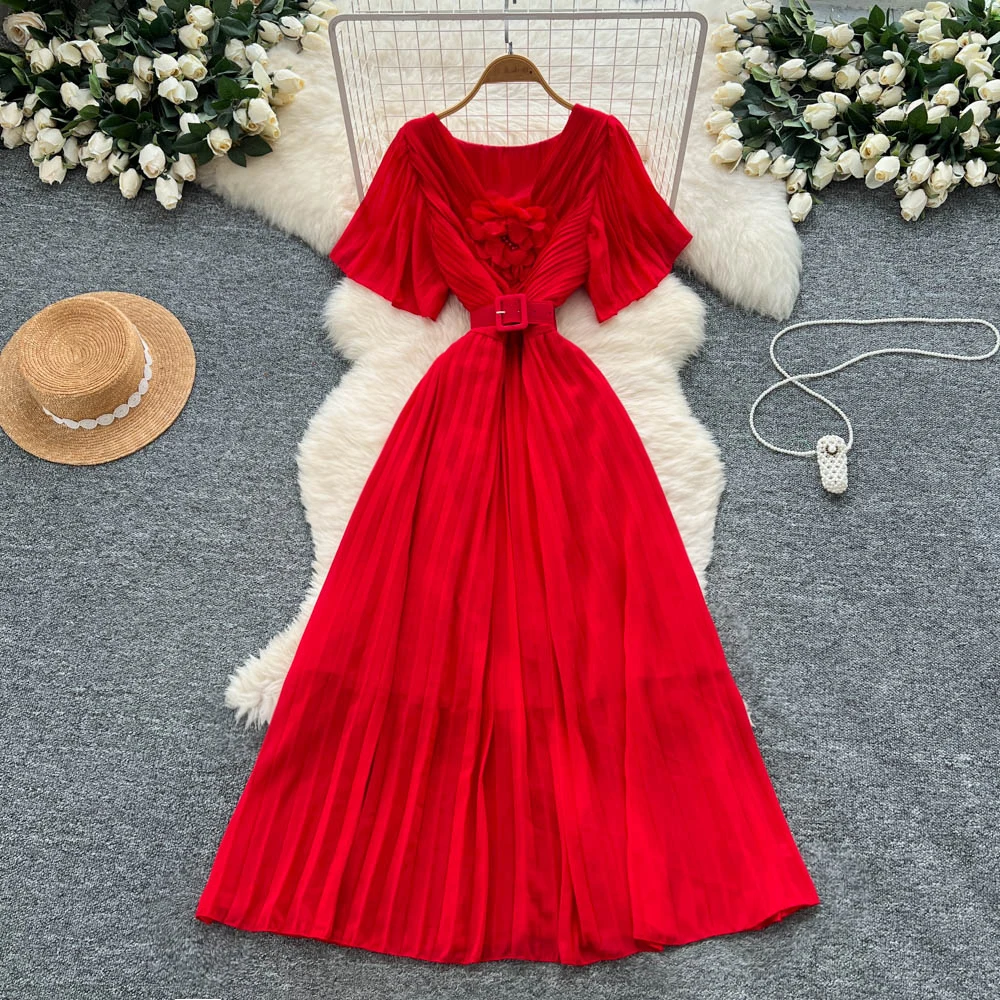 

Chic Sexy V-neck chiffon Ruched Fairy A-line loose Summer Women Boho Sundress women clothing