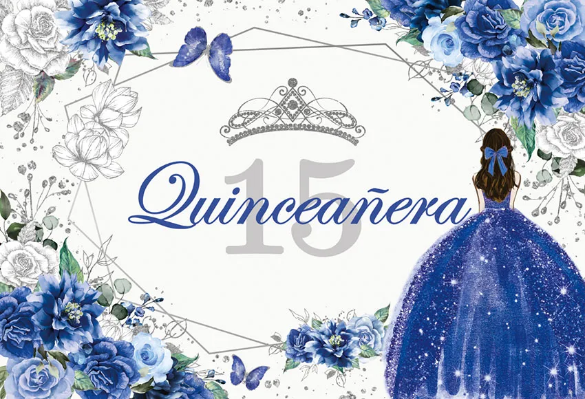 Quinceanera Sweet 15 16th Princess Birthday Party Photographic Backdrops Girl Dress Glitter Crown Floral Decor Photo Background