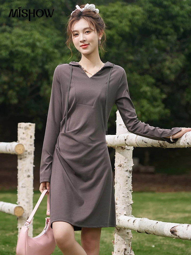 MISHOW-Robe à Capuche pour Femme, Vêtement Gris Coréen, Col en V, Manches sulf, T-shirt Décontracté, Longueur Genou, Collection Printemps 2024, MXD11L1675