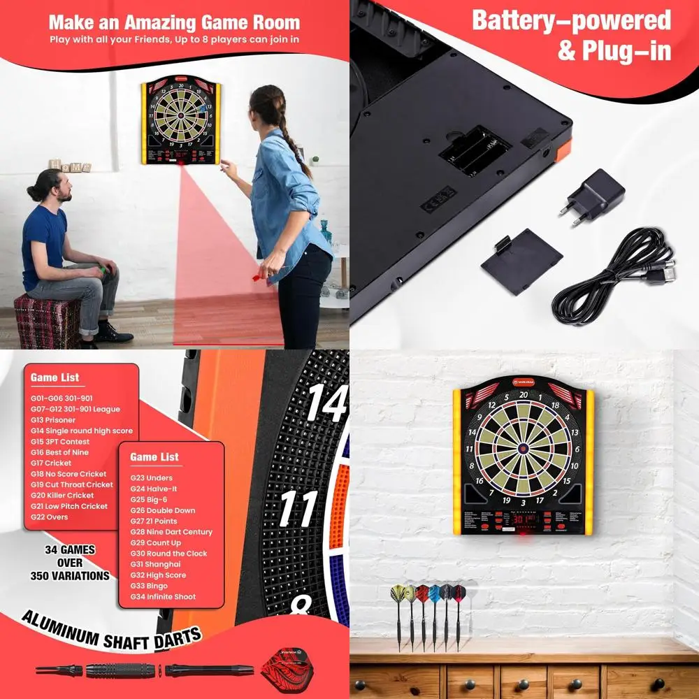 

Advanced Electronic Dartboard with Laser Guide, 34 Games & 350 Scoring Options, Supports 1-8 Players, Includes 12 Darts, Require