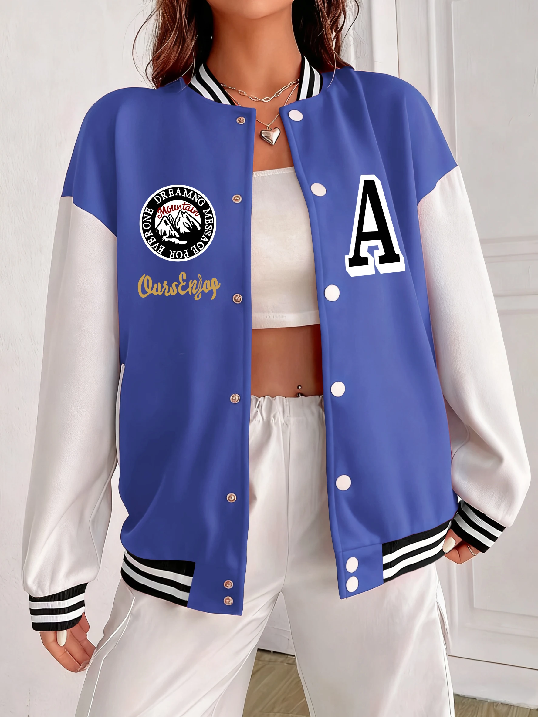 

Beautiful Scenery And Letter A Print Baseball Uniform Women Loose Cotton Clothes Autumn Colorful Jacket American Sportswear