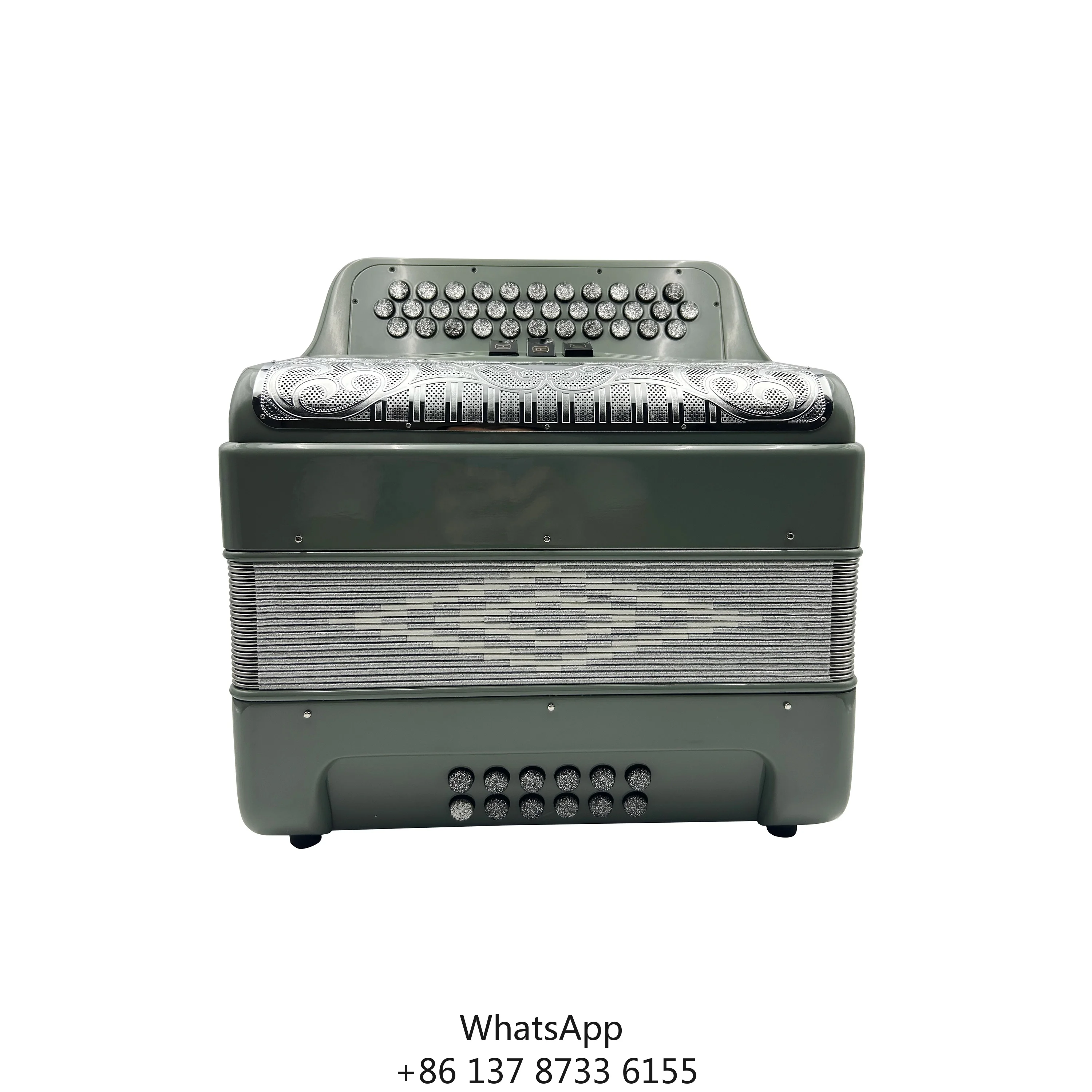 

Professional 12 Bass 3 Registers Accordion JB3412C 34 Buttons Sky Grey Body With Silver Grill And Buttons Acordeon