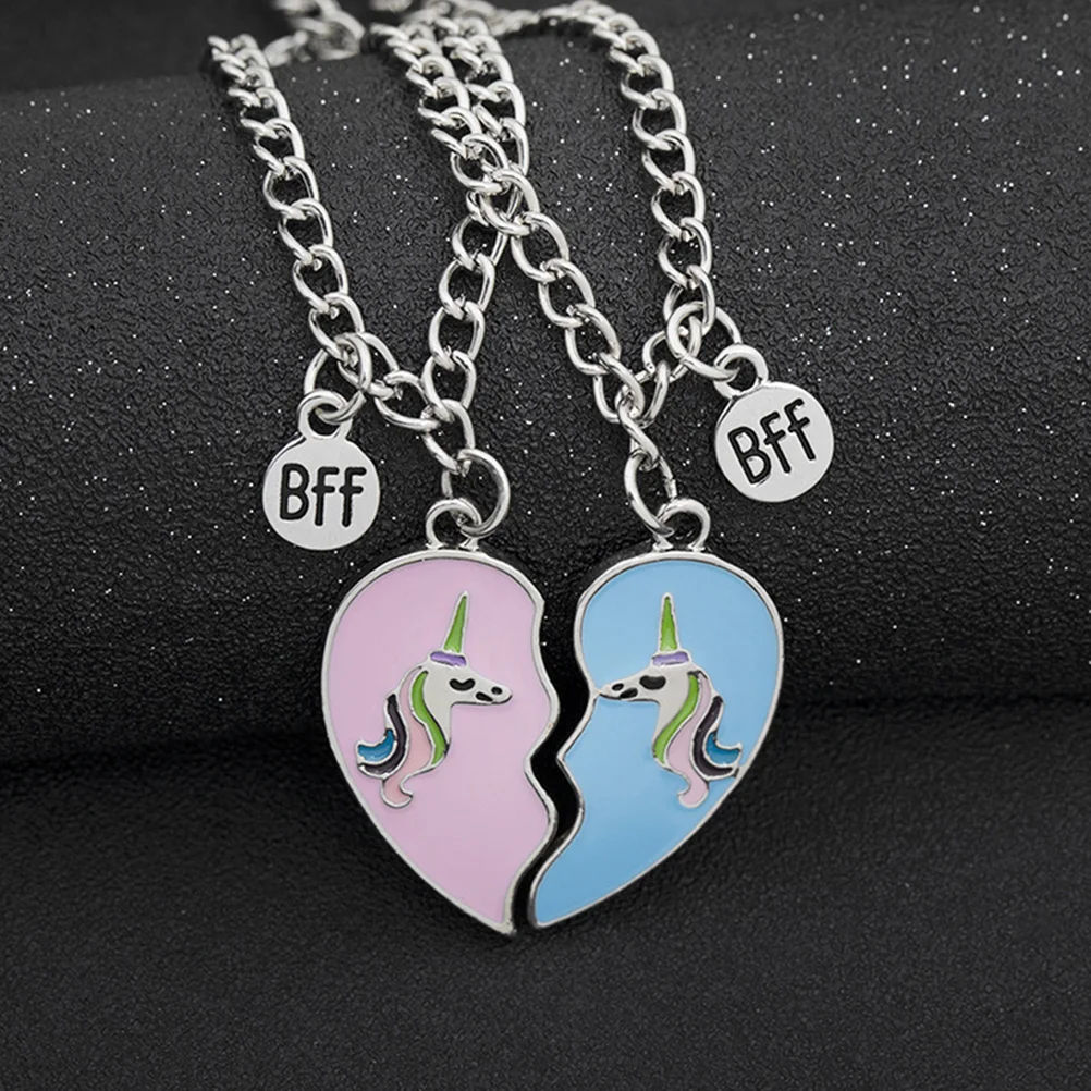 

1Set Heart Stitching Necklace Dual Unicorn Pendants for Best Friends Matching Girl Pendant Alloy Neck Chain Elegant Birthday