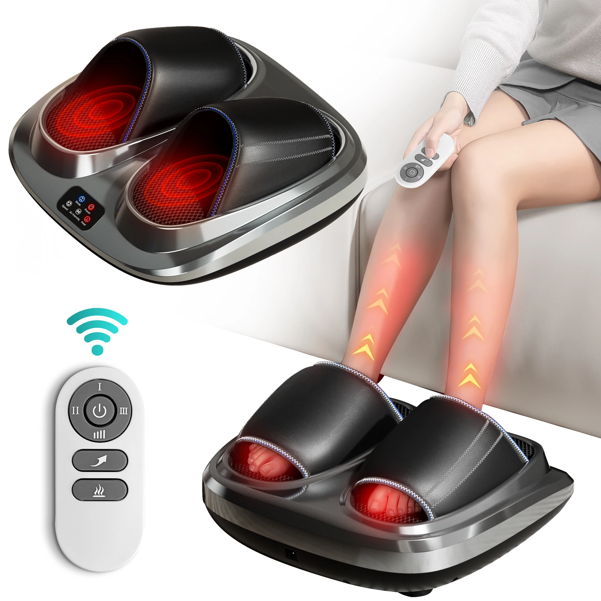 Appareil de massage électrique pour mollets et pieds avec chaleur, masseur de pieds Shiatsu par pétrissage et roulement pour fasciite plantaire, neuropathie, massage des jambes par vibration, compression d'air, chaleur, pétrissage et compression, télécommande, cadeaux pour femmes et hommes