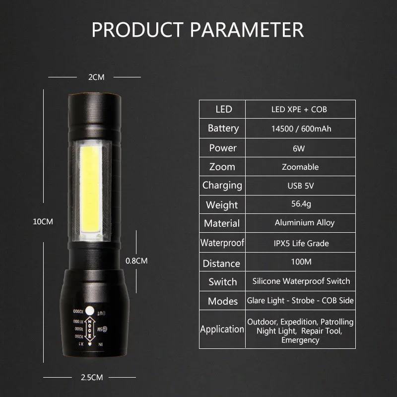 LED Zoomable Power Flashlight Chargeable XPE + COB Lamp High Lumen Glare Flashing Light Outdoor 2000 Lumens Lantern Night Light