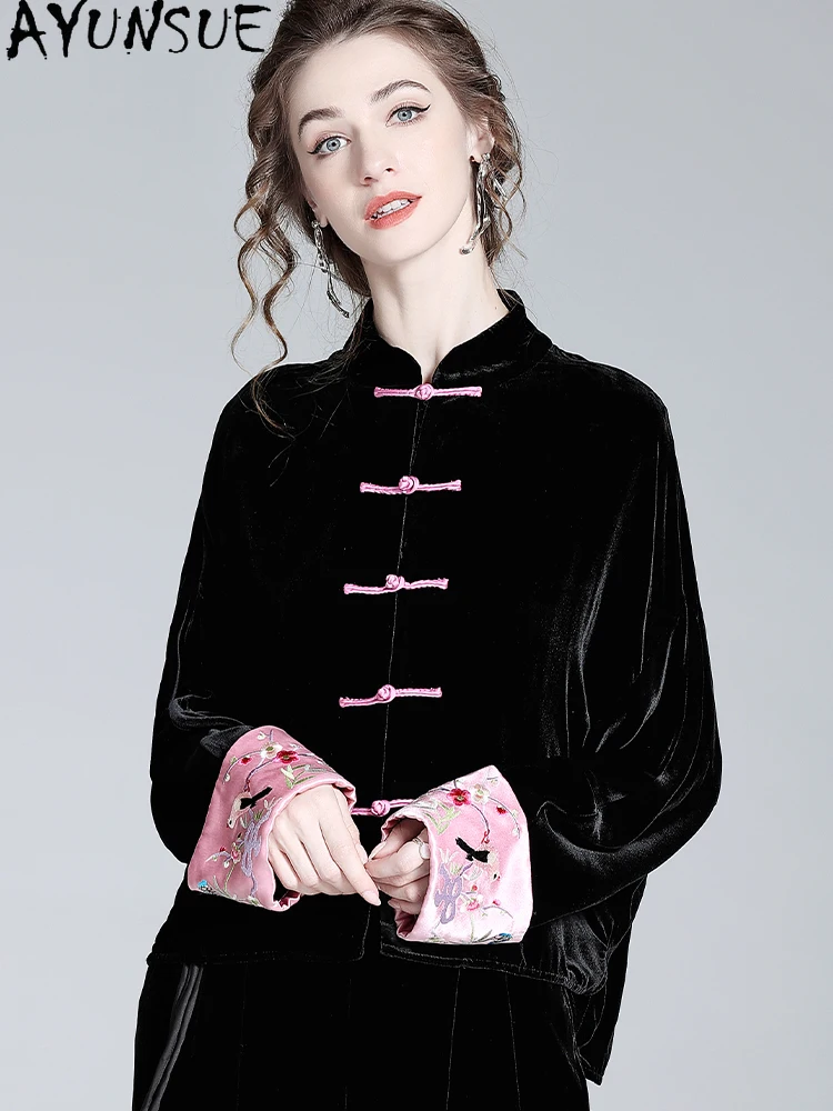 

AYUNSUE 100% Mulberry Silk Shirt Women 2025 Spring Autumn Clothes Fashion Womens Tops Silk Velevt Vintage Shirts Chemise Femme