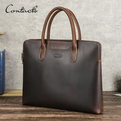 CONTACT'S Genuine Leather Men Business Bag Leather Briefcase Tote Laptop Bags High Quality Men's Bag Handbag for 14.2