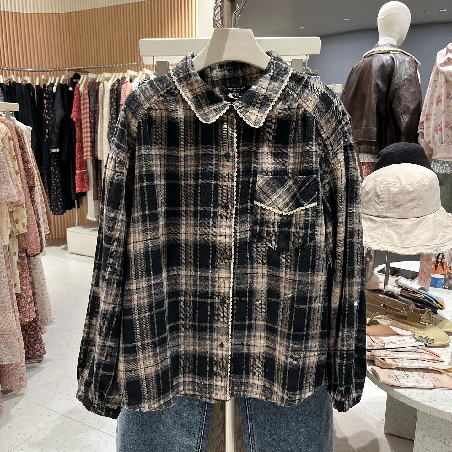 

Ретро-рубашка с кружевом и плиссировкой, воротником-стойкой, универсальная, стройнящая, в корейском стиле, с длинным рукавом, в клетку, женская деловая рубашка