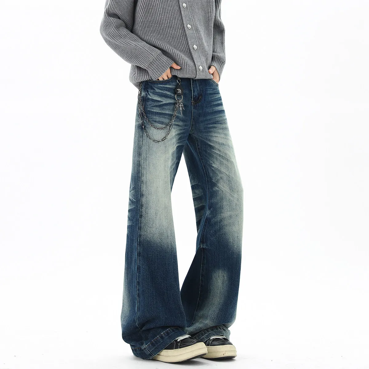 Washed Cat Whisker Jeans Men's Straight Loose Wide-leg American High Street Pants Trendy Versatile Casual Micro-pull Trousers