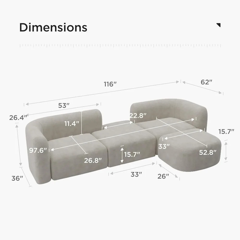 Sofá de veludo moderno e luxuoso com costas curvadas, sofá confortável de estilo minimalista para sala de estar, apartamento, seccional modular de 4 lugares