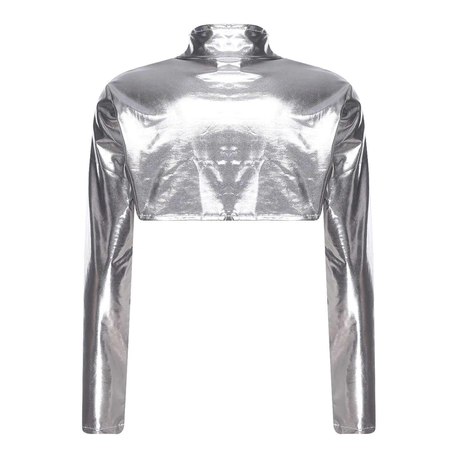 Womens Disco Party Dance Crop Top with Oversleeves/Brooch Holographic Metallic Pullover T-shirt Top for Rock Music Festival Wear