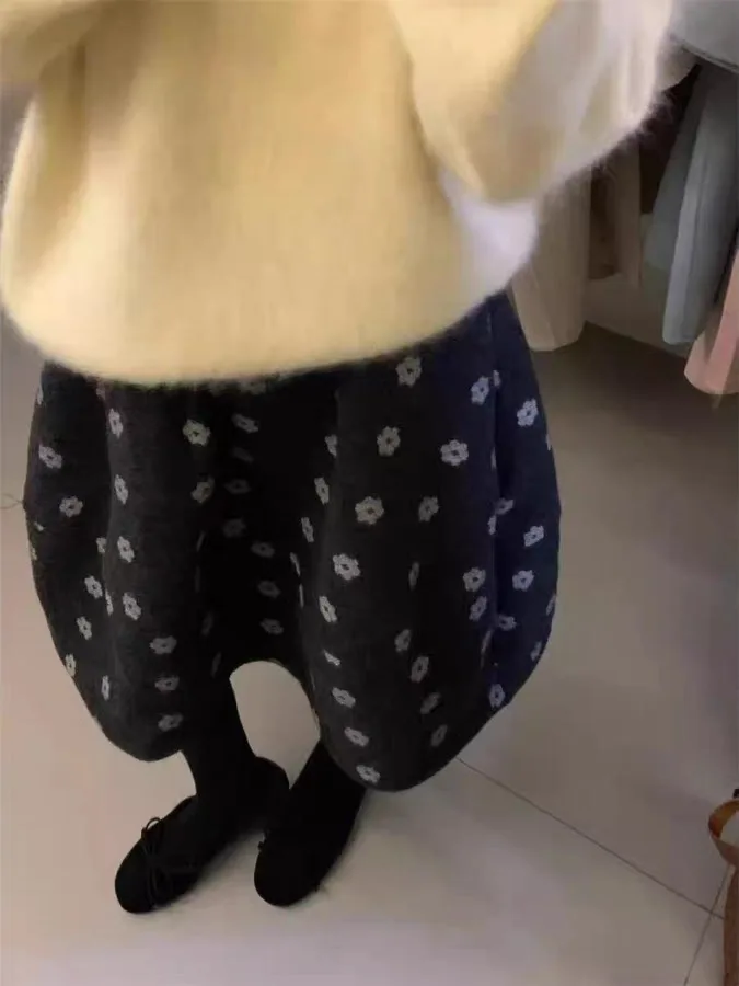 레트로 플로럴 울 스커트 여성용 가을 겨울 슬림핏 소형 다용도 A라인 블룸 스커트 퍼프 스커트