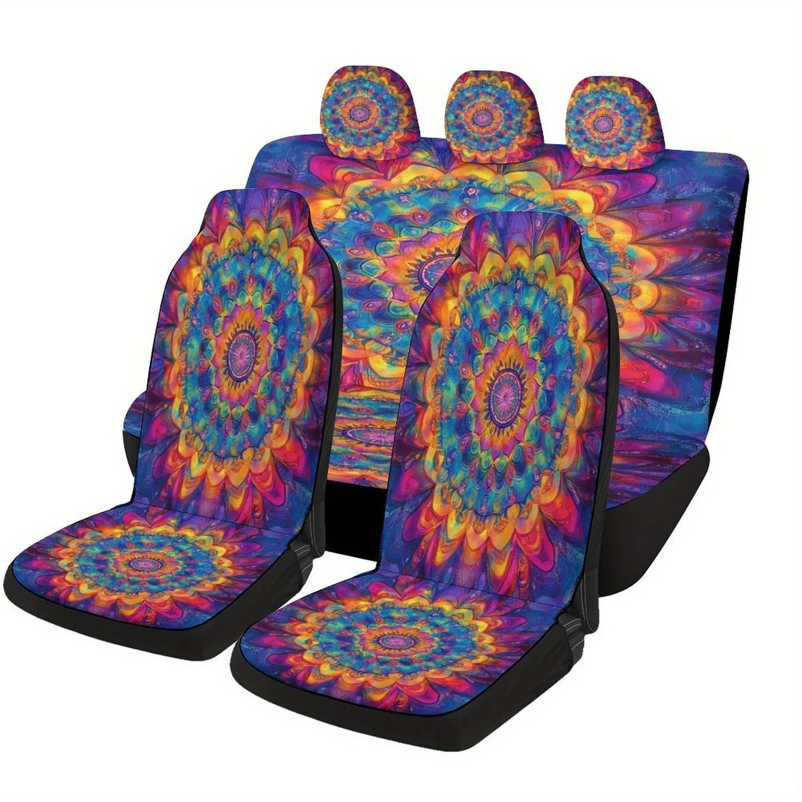 

Rainbow Mandala Themed Car Seat Covers Set For Most Cars, Decorative Fashionable High-quality Car Seat Protector Covers Full Set