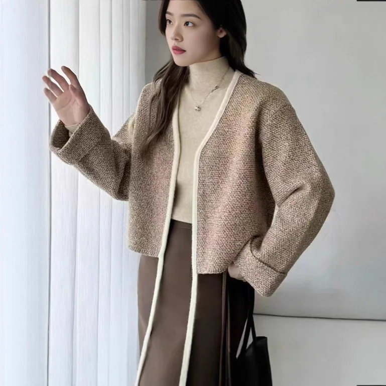 

High Quality Korean Chic V-Neck Knitted Cardigan Sweater For Women Casual Basic Long Sleeve Cardigans Fall Vintage Knitwear Tops