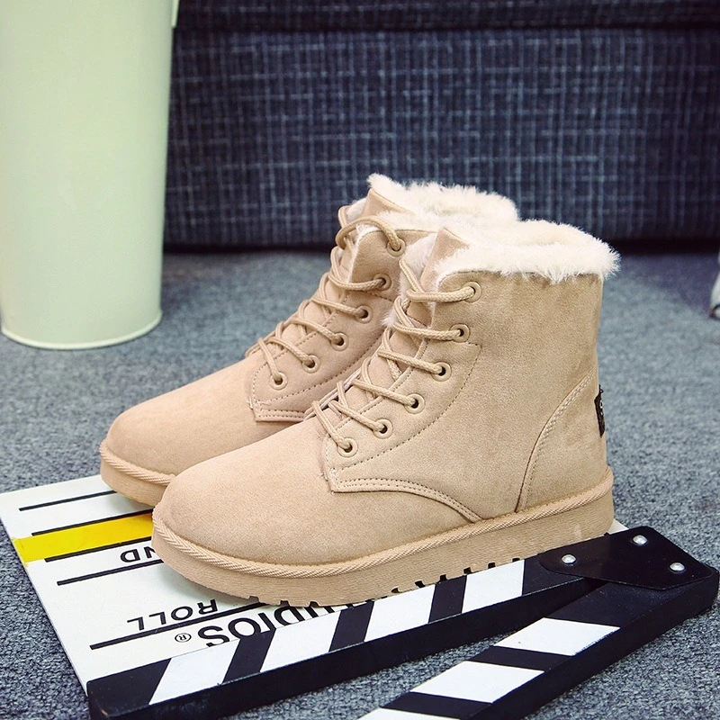 

2025Winter Women's Warm Boots Solid Color Snow Boots Fashion Lace Up Flat Bottom Boots PU Leather Medium Boot Botas De Mujer