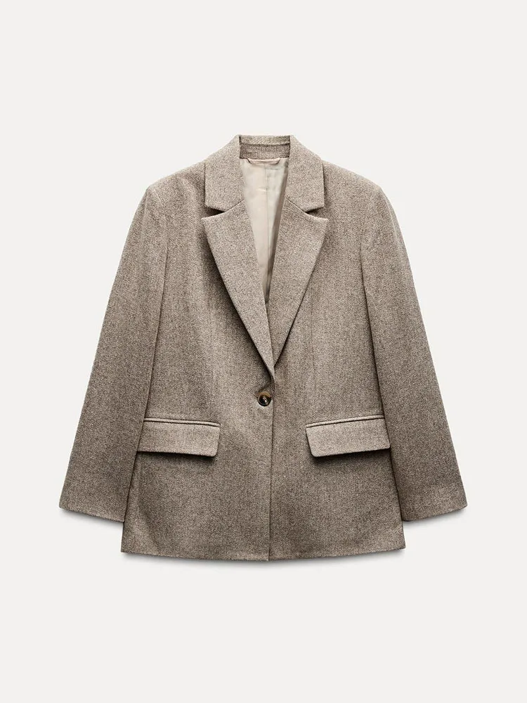 

New Autumn Women's Suit Jaet Long Sve Wool Blend Twill Casual Notch Collar Coat Commute Sle Straight Cut 2024