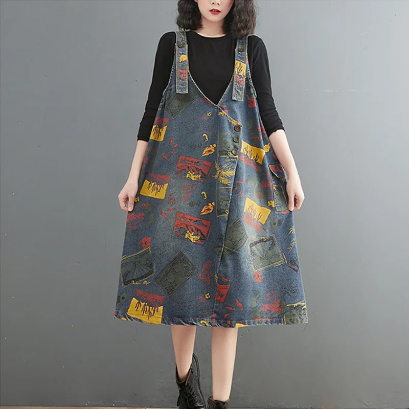 

#2136 Black Blue Denim Dress Women Flower Printed Jeans Dress Female Buttons Loose Vintage A-line Suspender Dresses Ladies Midi