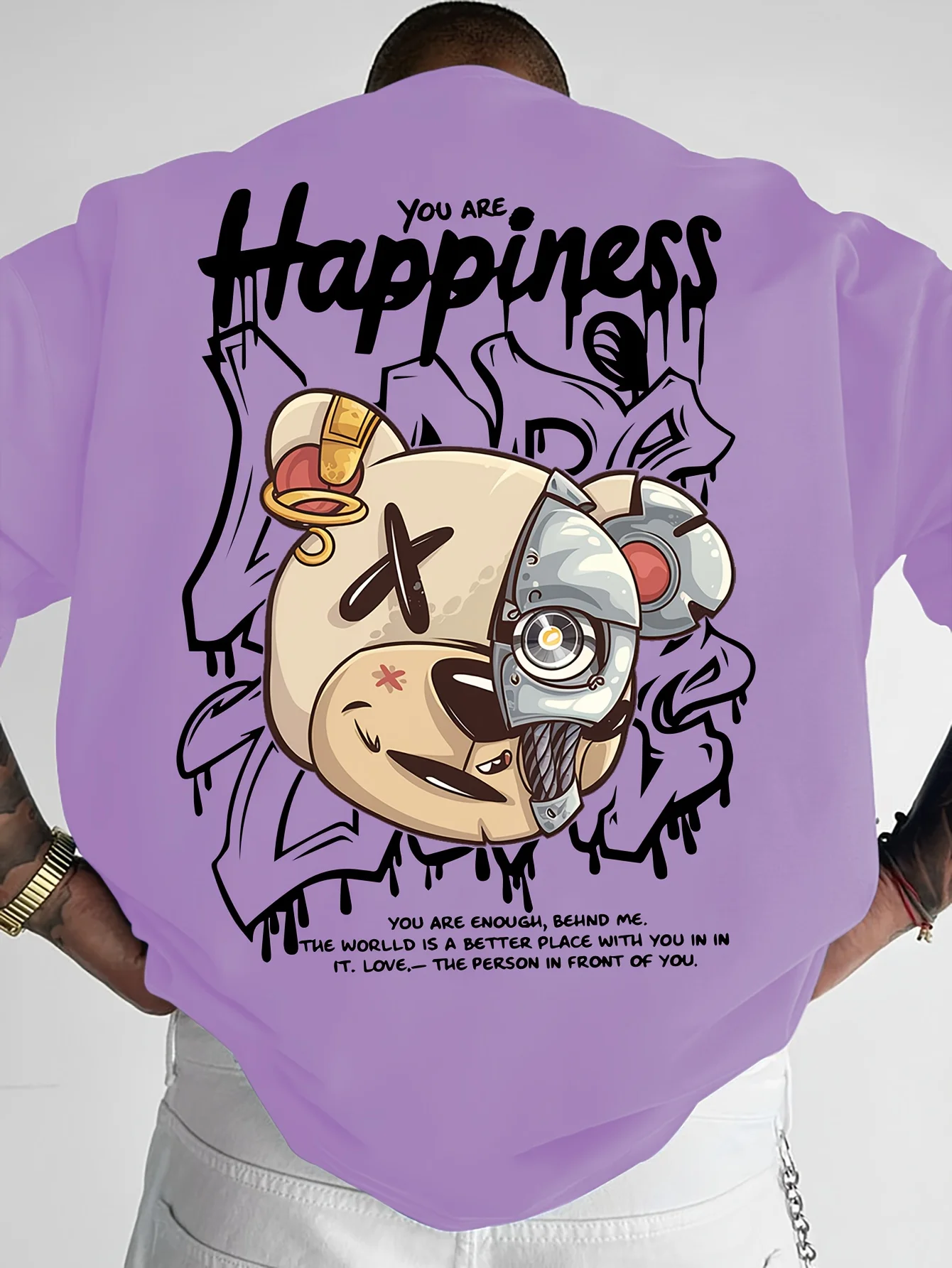 2025 New Men's Personalized Graffiti Bear Letter Printed Breathable and Comfortable Round Neck T-shirt Outdoor High Street Top image 4