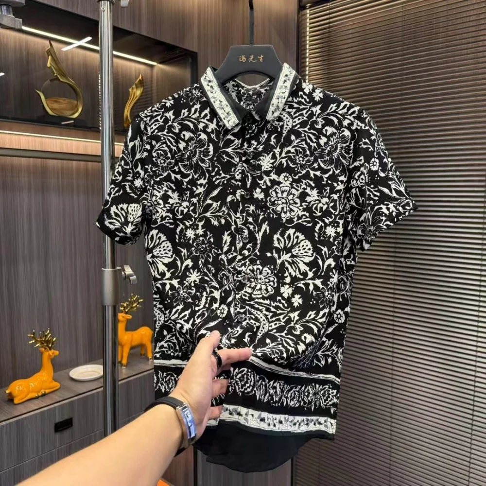 Summer Cool Fashion Trend Printed Men's Turn-Down Collar Short Sleeve Korean Style Jacquard Versatile Comfortable Shirt