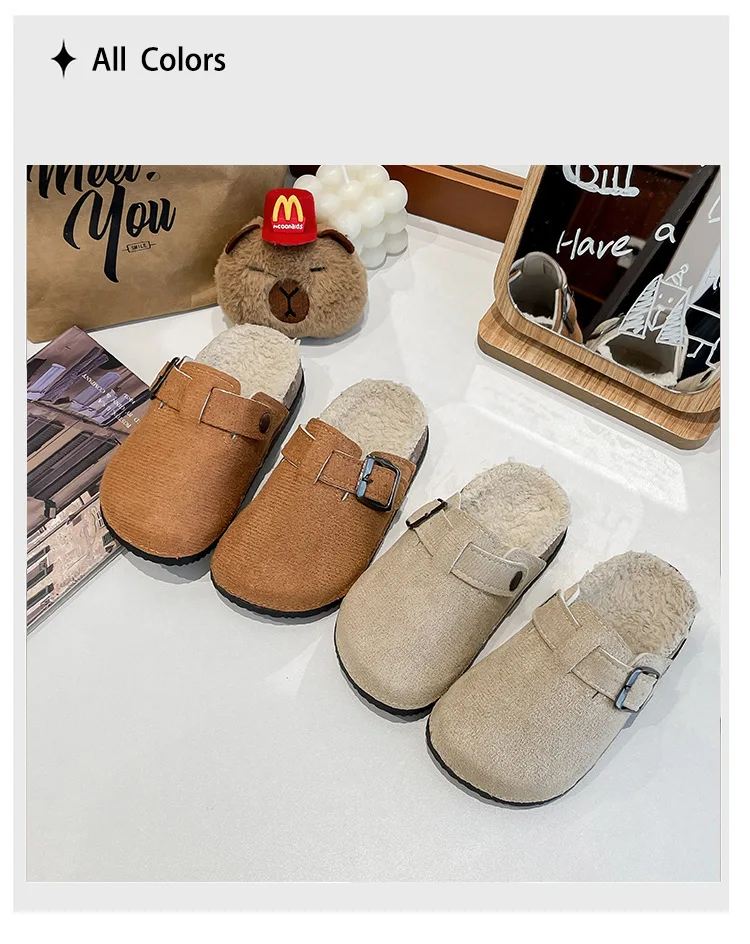 2023 Jungen Mädchen Winter Warme Plüsch Kork Fußbett Pelz Clogs Hausschuhe Dame Pelzigen Haus Wohnungen Baumwolle Hausschuhe – Detail 7
