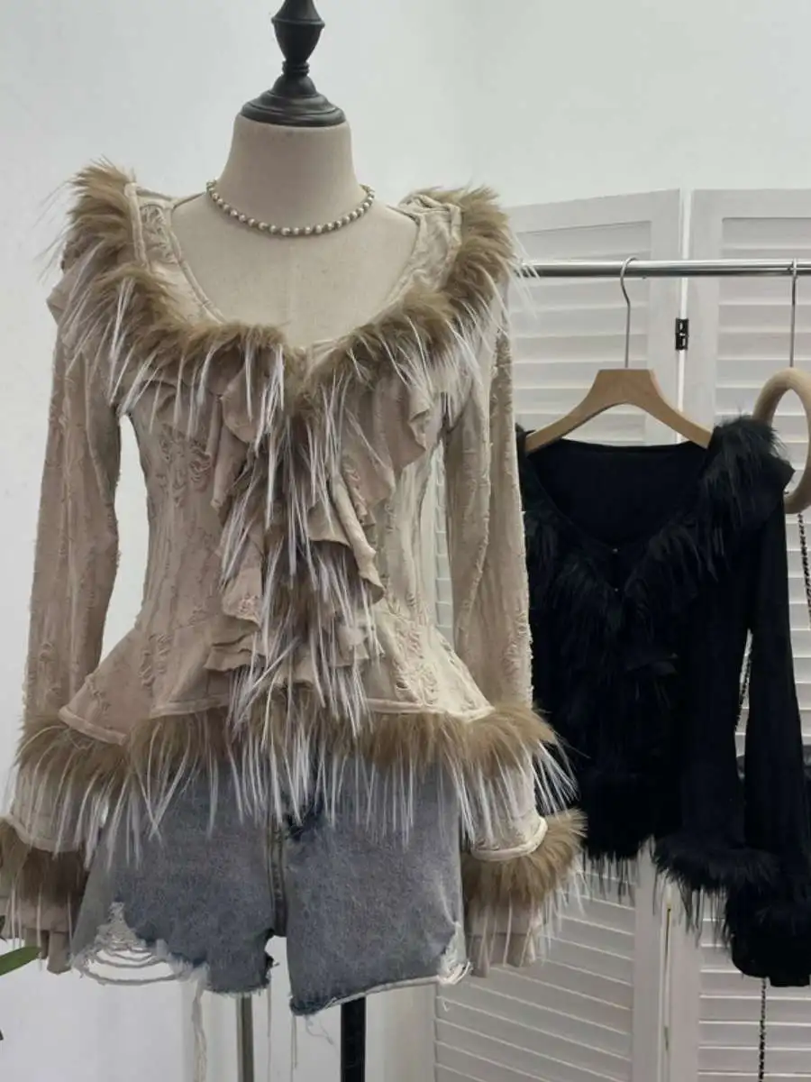 

Vintage Knitted Open Cardigan Spliced Hole Patchwork Fringe Ear Musoom Sle Women's Bright Tead Sweater Autumn 2024