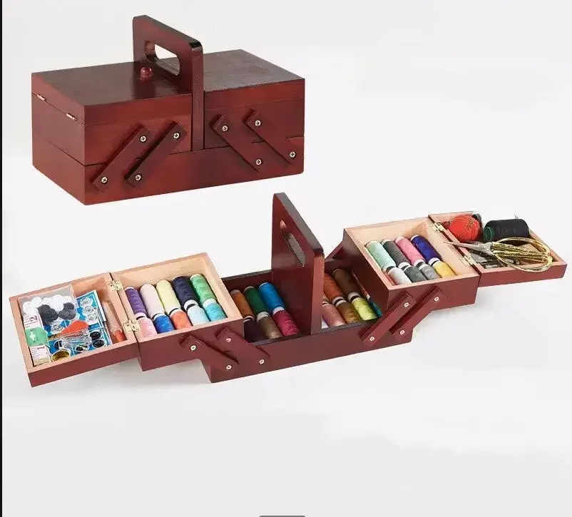 Storage Wood Box Sewing Kit Needle Tape Scissor Multifunction Threads Sewing Tools Accessory Sewing Kits For Home&Travelling