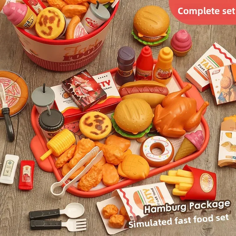 Children's Simulation Kitchen Toys Pizza Burger Fries Chicken Egg Tart Set Family Meal Cooking Tools Fast Food Restaurant Playse