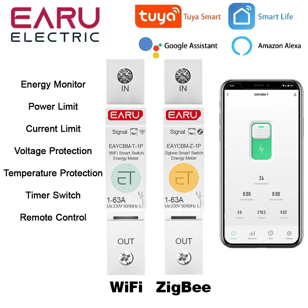 1P TUYA Zigbee WIFI Leakage Measurement Intelligent Circuit Breaker EAYCBM T 1P Kwh Time Relay Switch Leakage Voltage Protection