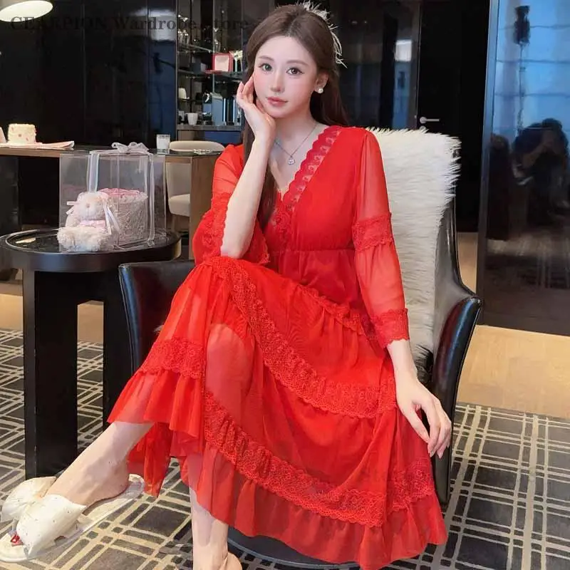 

Летняя новинка: однотонный халат-кимоно с кружевной отделкой в стиле принцессы, домашняя одежда, удобная дышащая тонкая ночная рубашка