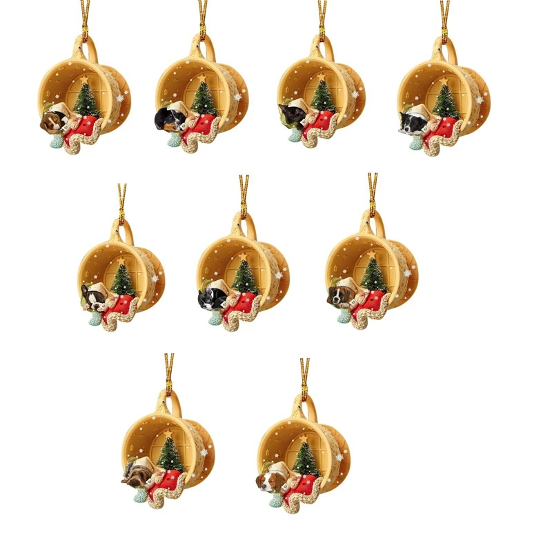 9Piece Christmas Puppy Sleeping In Cup Hanging Ornaments  Shepherd Dog Pendant Acrylic