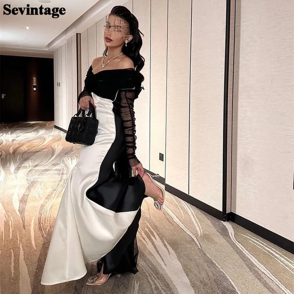 

Sevintage Black And White Saudi Arabic Prom Gowns V-Neck Off The Shoulder Long Sleeves Party Dresses Women Evening Gowns Outfits