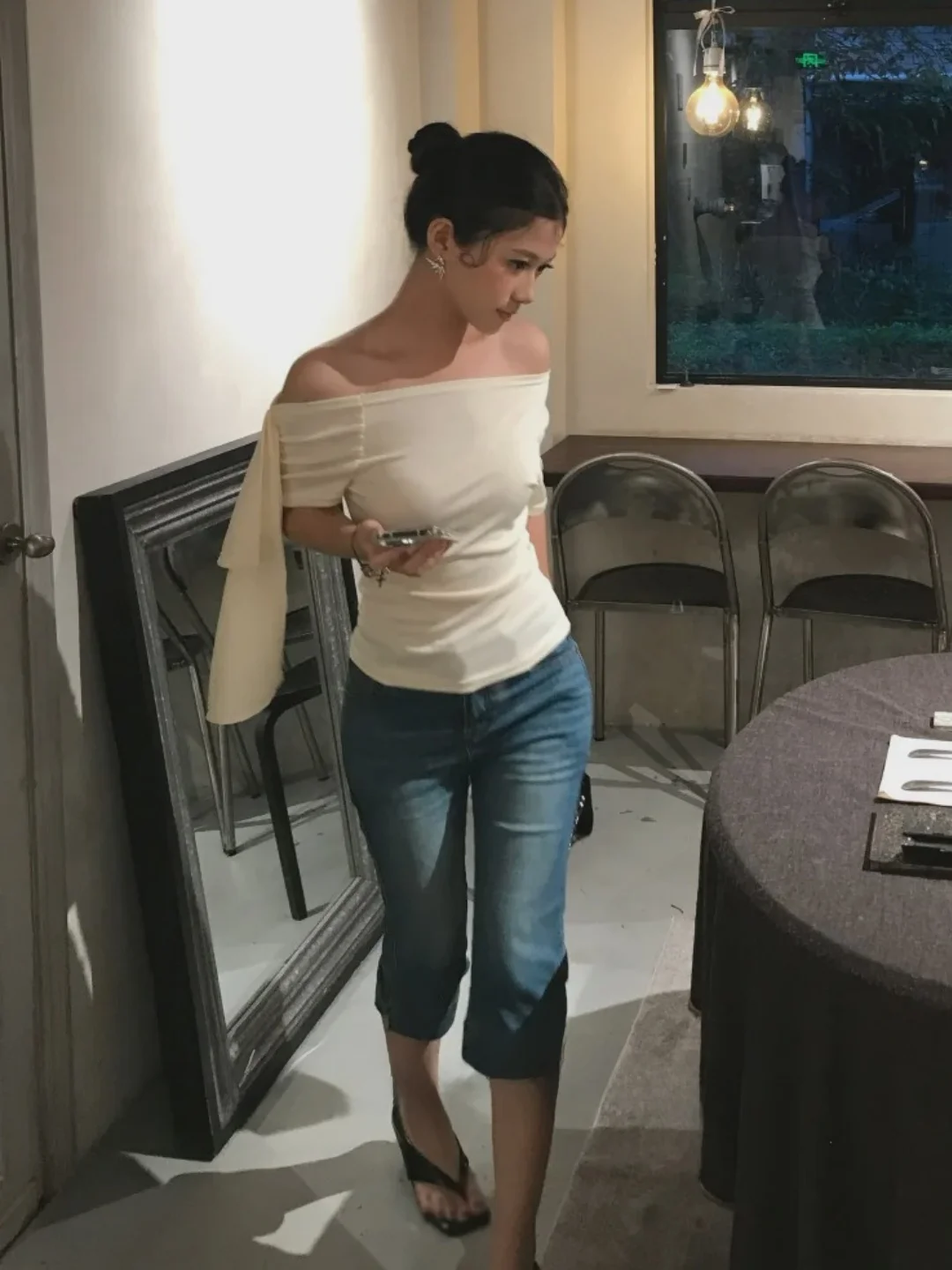 Korean Style Slim Fit Seven-Foot Jeans Fashionable Personality Versatile Design Waist High Elasticity Chinese Production