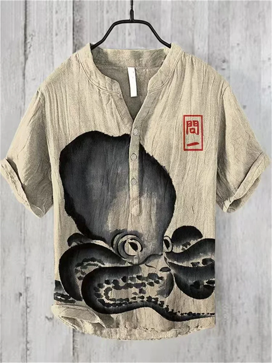 New comfortable fabric short sleeve V-neck octopus shirt popular in Europe and America men's 3 button linen top