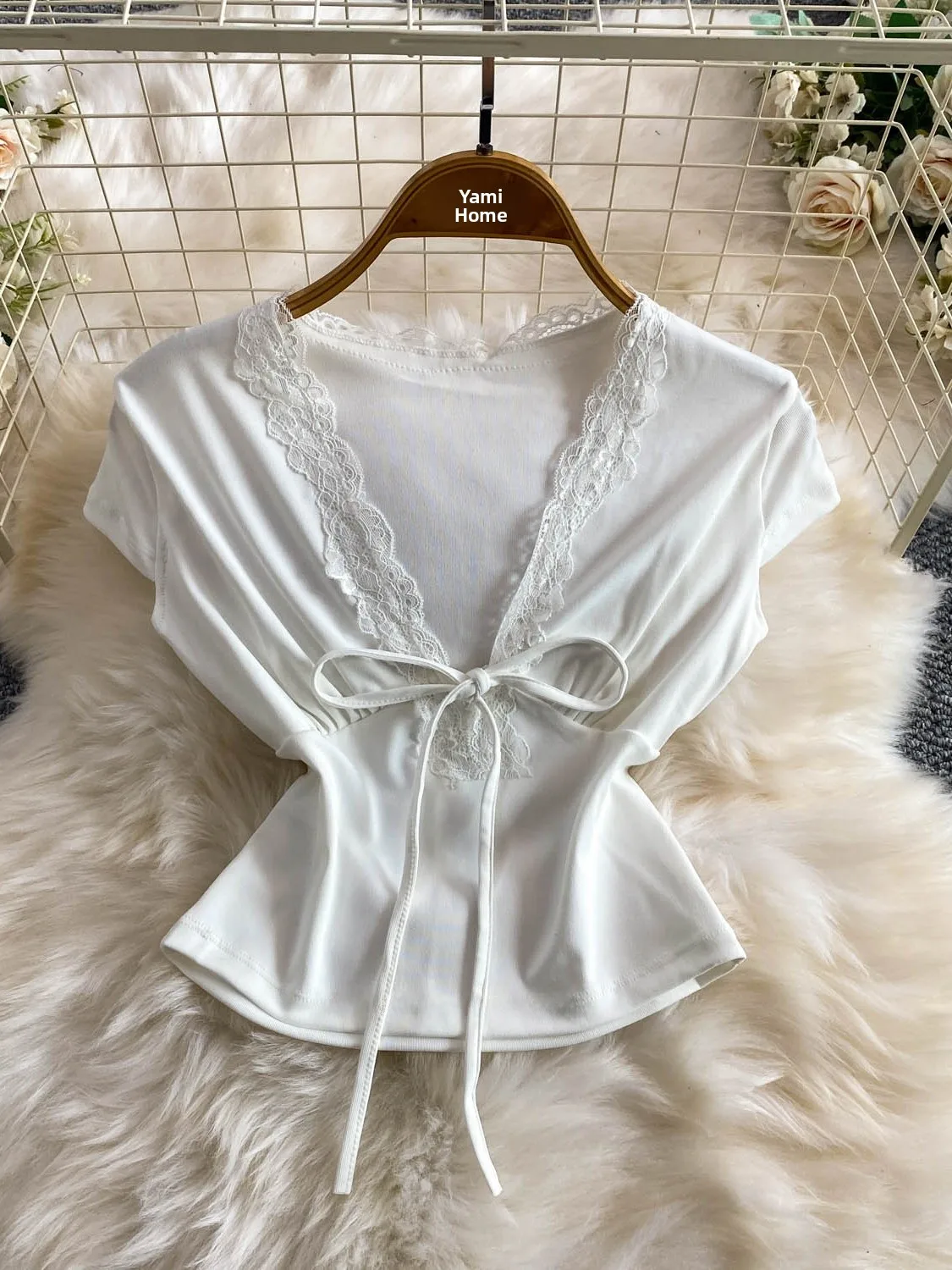 Sexy Lace Splice Tie V-neck Short Sleeve T-shirt Women's Summer Attractiveness Soft Knitted Top Korean Style Commute Fashion