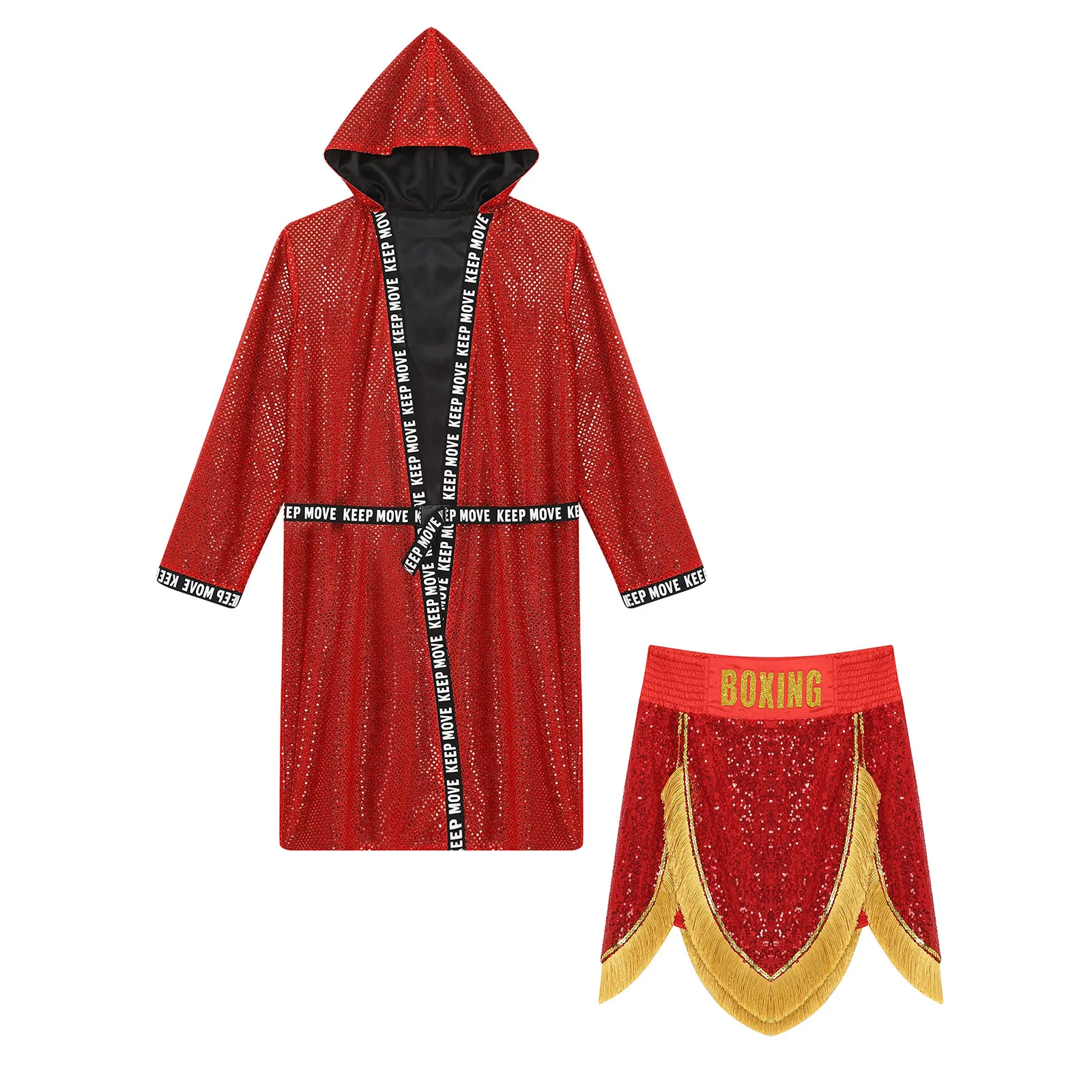 

Men Boxing Match Competition Outfits Sequins Hooded Robe With Belt And Fringes Boxing Shorts for Boxer Boxing Match Outfits